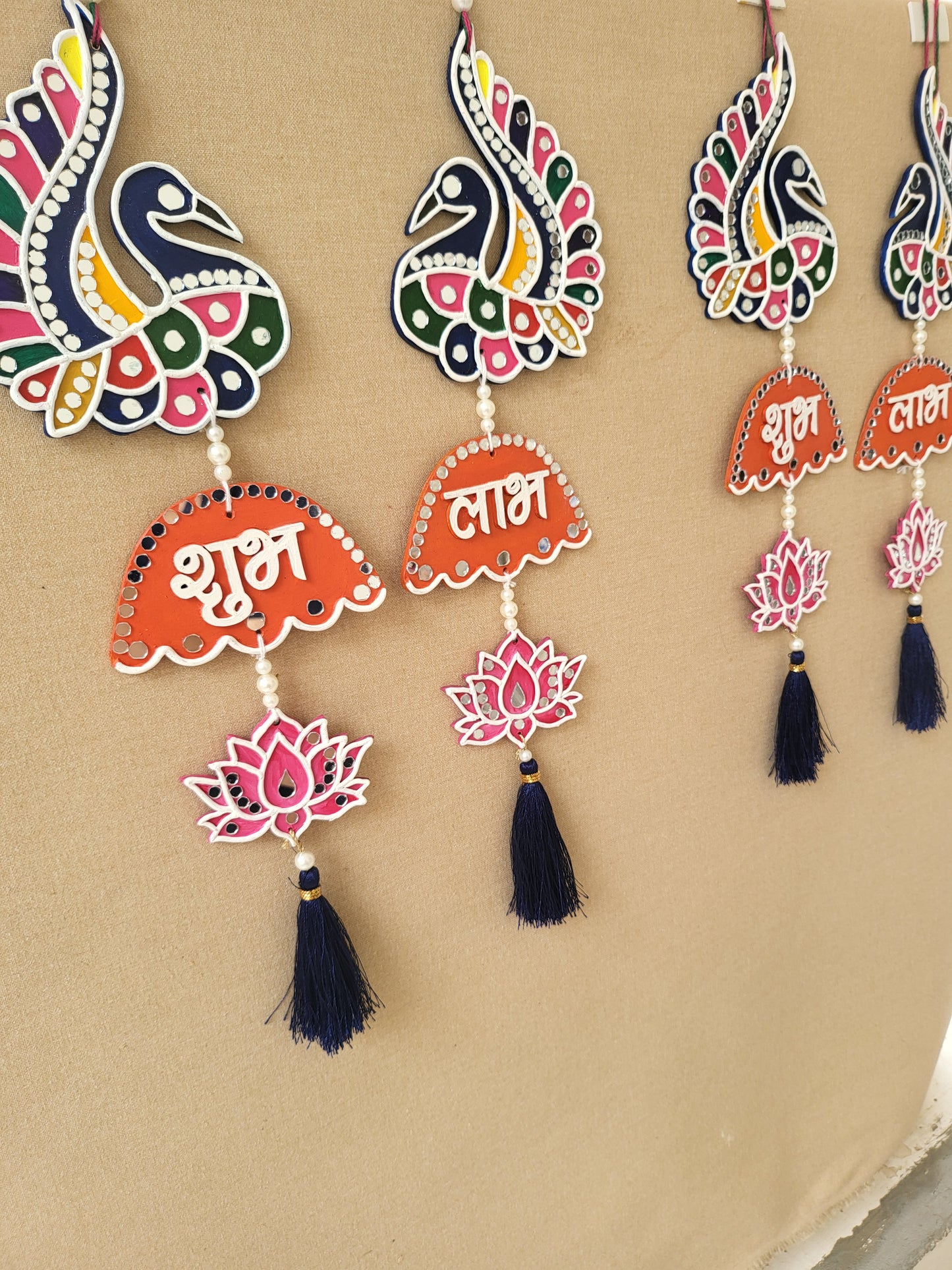 Peacock Design Shubh Labh with Lotus and Tassels(set of Two)