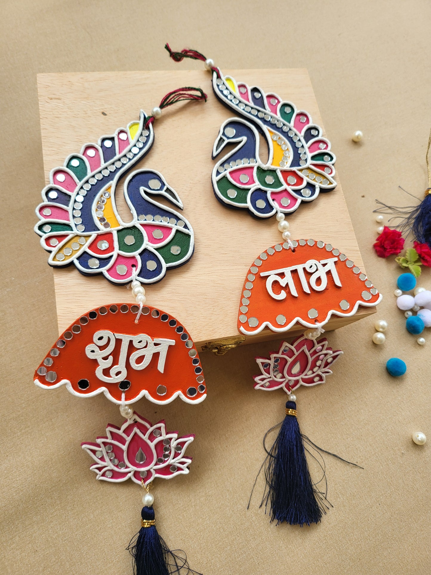 Peacock Design Shubh Labh with Lotus and Tassels(set of Two)
